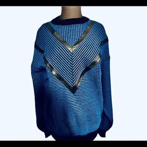 Vtg Chunky Knit Leather Trim Oversized Chevron Grandpa Sweater Womens L Grunge